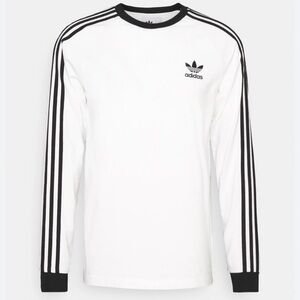 Adidas White Long-Sleeve Crew Tee Shirt with Black 3 stripes Accents